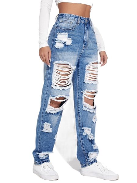 

ripped detail boyfriend jeans t7ot#, Blue