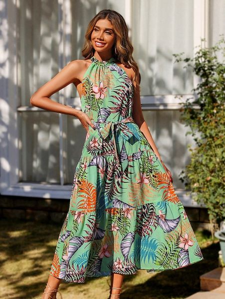 

tropical print ruffle hem belted dress k6t1#, Black;gray