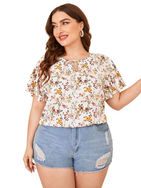 

plus floral print tie neck butterfly sleeve blouse m2rp#, Black