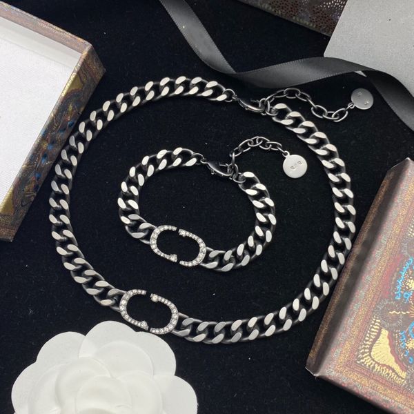 

european and american alphabet necklace tide brand hip hop exaggerated retro clavicle chain bracelet set female fast delivery, Silver