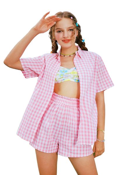 

romwe y2k revival gingham print blouse & shorts & floral crop 87ip#, White