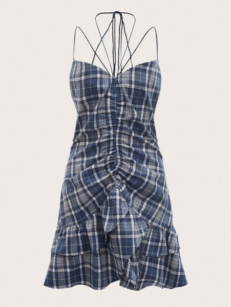

mod plaid print crisscross tie backless drawstring ruched front layered hem slip dress s2ve#, Black;gray
