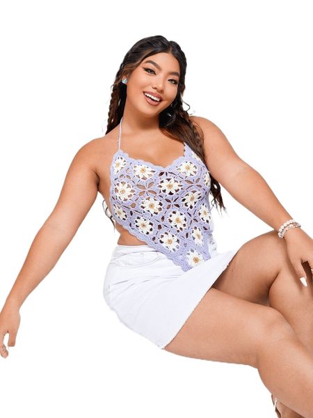 

plus 1pack floral pattern hollow out tie back halter cover up e5pf#, Black