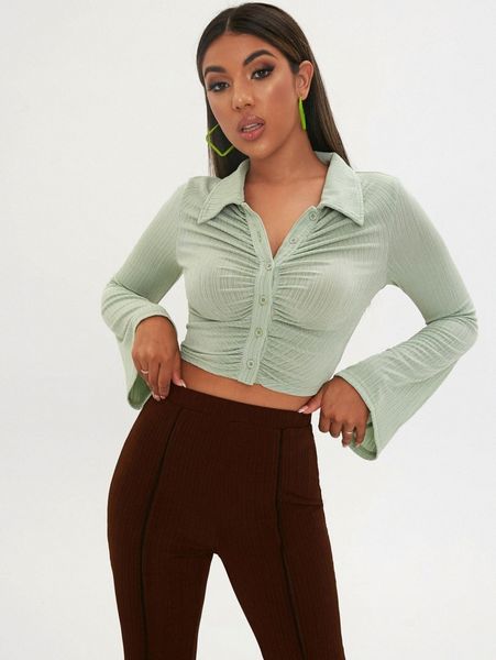 

button front ruched bust bell sleeve crop tee b0jl#, White