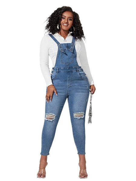 

plus kangaroo pocket ripped denim overalls r9o9#, Black;white