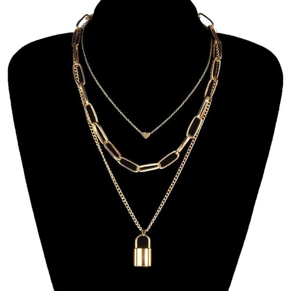 

creative geometric chain heart lock necklace pendant gold punk multilayer clavicle necklaces for women fashion neck jewelry230z, Silver