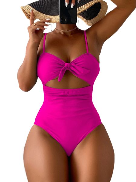 

knot front cut-out one piece swimsuit s5yl#, White;black