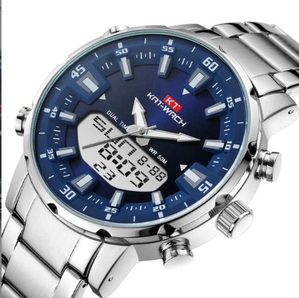 KT1815 Популярные горячие продажи мужские кварцевые часы модные двойные движения светодиодные электронные стальные полосы 50 м. Глубокопробезой.