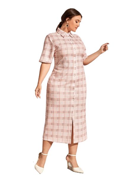 

plus houndstooth print shirt dress 07tm#, Black