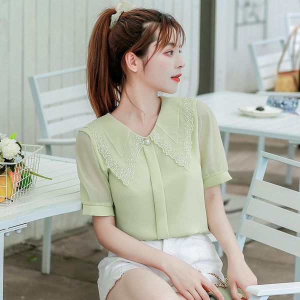 Mesh Kragen Sommer Chiffon Bluse Frauen 2022 Mode Koreanischen Stil Weiß Grün Hemd Vadiming Top Frau Kleidung frauen Blusen Shirts