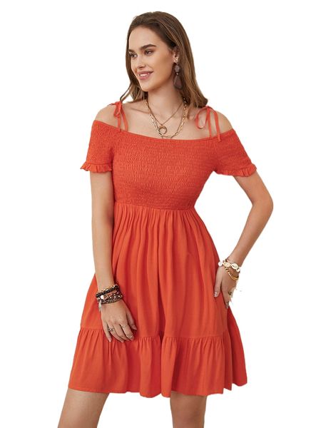 

rusttydustty tie cold shoulder shirred ruffle hem dress t1cz#, Black;gray