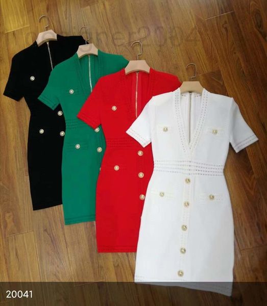 

casual dresses designer 2022 balman knitted slim fitting v-neck zipper hollow out sweater gold button waist ice silk dress hfni, Black;gray