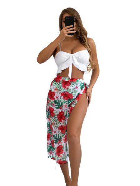 

floral knot front bikini swimsuit with beach skirt u4ly#, White;black