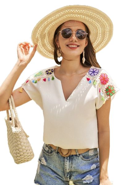 

floral pattern fringe detail notched neck blouse u3kd#, White