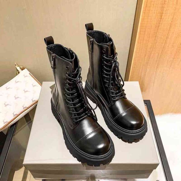 

boots net red same paris martin boots women's british style leather thick soled motorcycle knight lace up side zipper short padl, Black
