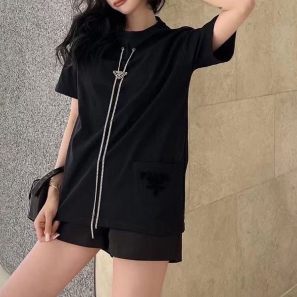 

summer spring women t shirts brand triangle metal necklace short sleeve loose pocket embroidery t-shirt fashion round neck pure cotton tees, White