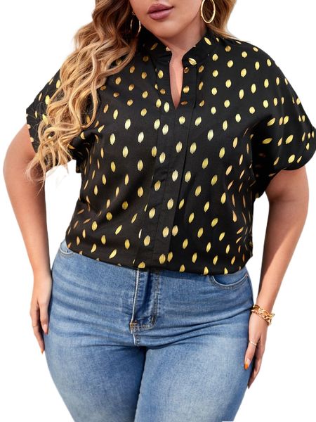 

plus gold polka dotted batwing sleeve blouse q1km#, Black