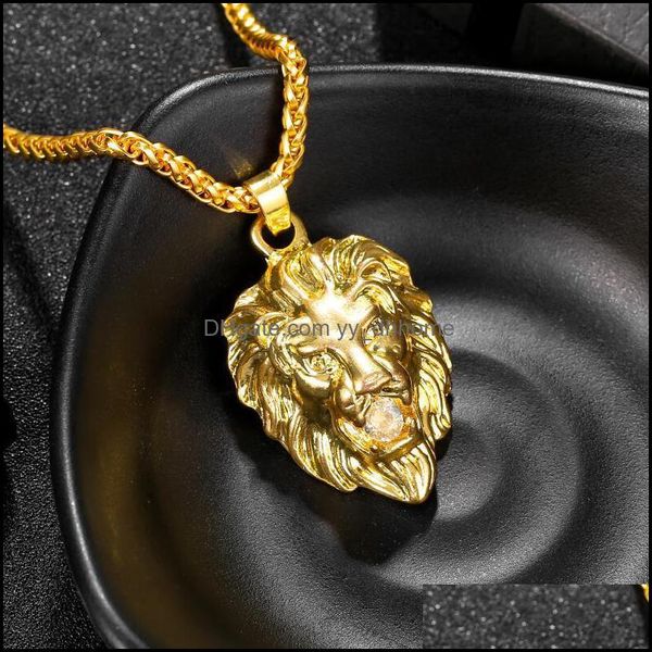 Collane con ciondolo Gioielli Hip Hop Uomo Catene con nastro d'oro per la moda Rock Animal Collana con testa di leone in acciaio inossidabile Yydhhome Yydhhome Dhcad