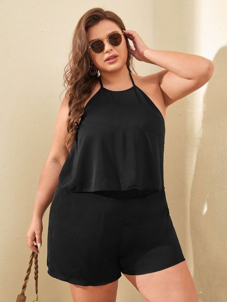 

plus backless halter & shorts b6f7#, Black