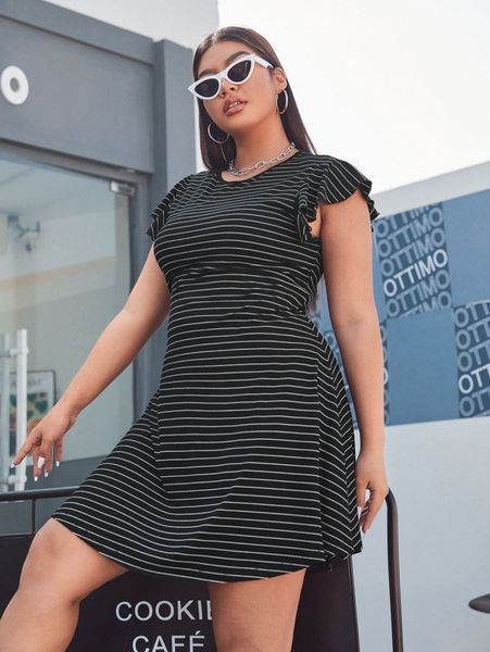 

plus striped flounce sleeve dress a1kz#, Black