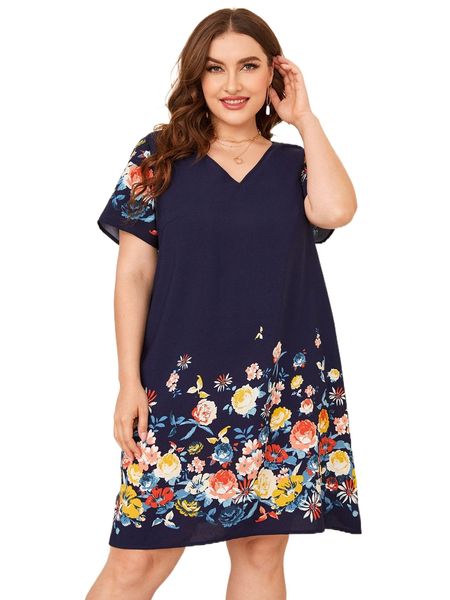 

plus floral print v neck dress c8eq#, Black