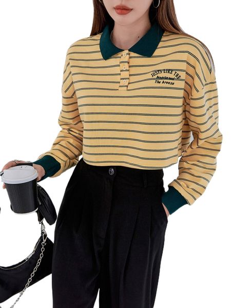 

dazy striped slogan embroidery contrast trim polo neck pullover m6id#, Black