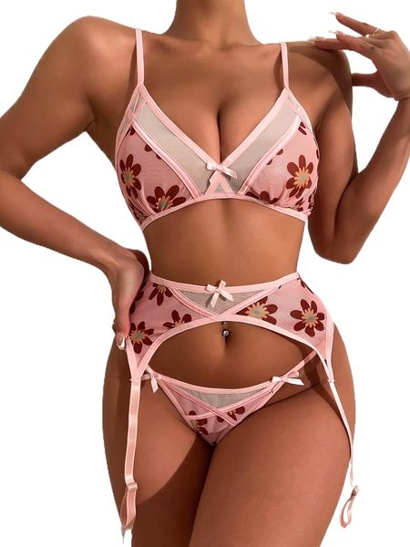 

3pack floral mesh bow front garter lingerie set 89bu#, Black;red