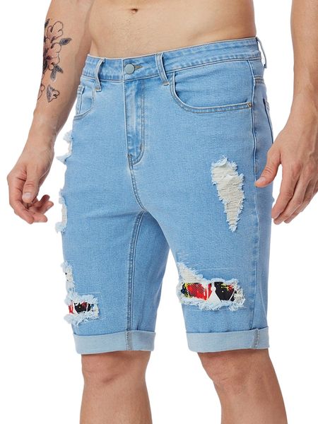 

men graphic print ripped roll up hem denim shorts s27l#, White;black