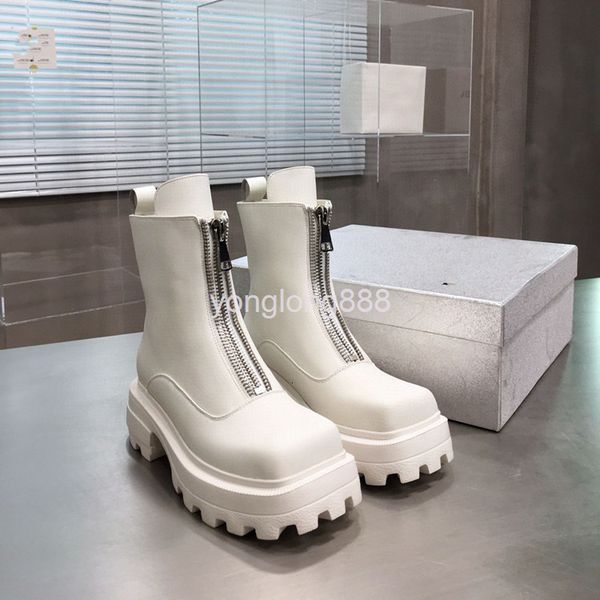 

boots high end quality women's shoes winter leather front zipper thick bottom british medium tube martin boots short, Black