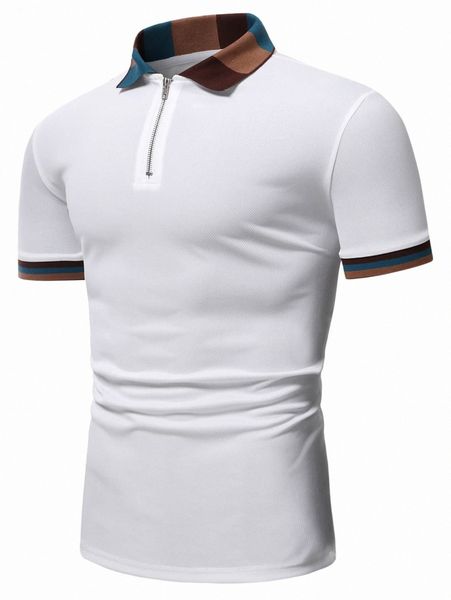 

men striped trim quarter zip polo shirt h9my#, White;black