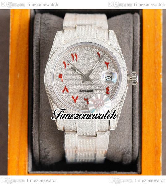 

rf 36mm 126234 miyota automatic mens ladies watch paved diamond dial red arabic script fully iced out 904l steel bracelet womens jewelry tim, Slivery;brown