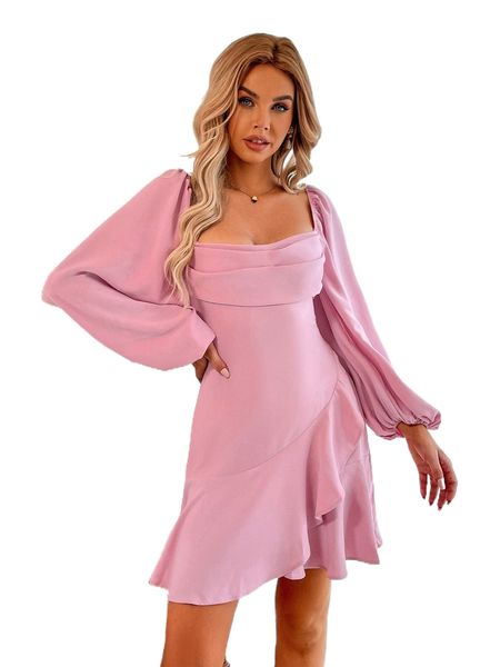 

square neck draped lantern sleeve ruffle wrap hem satin dress j0ro#, Black;gray