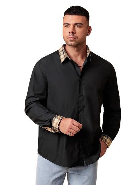 

extended sizes men plaid contrast collar shirt x9io#, White;black