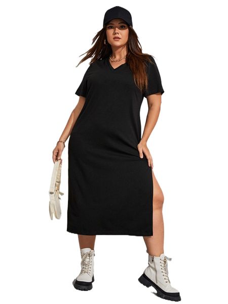 

plus solid split hem tee dress d9pf#, Black