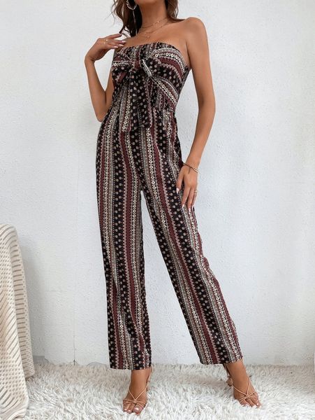 

tall ditsy floral & geo print knot front tube jumpsuit v5eq#, Black;white