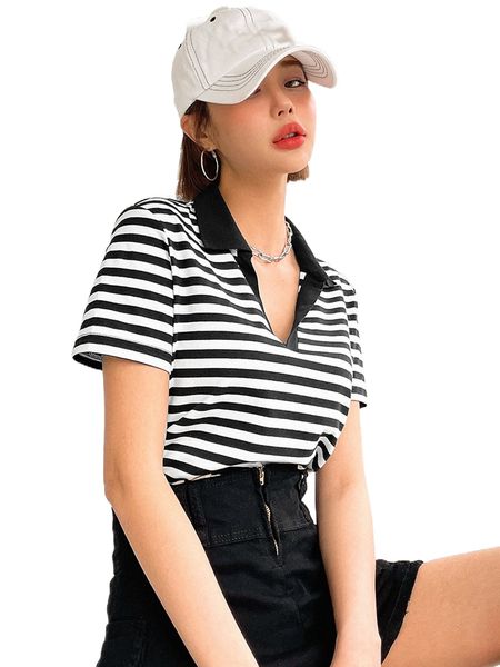 

dazy striped print contrast collar tee m2ms#, White