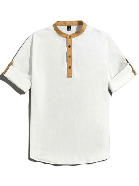 

men contrast trim roll tab sleeve shirt d1y4#, White;black