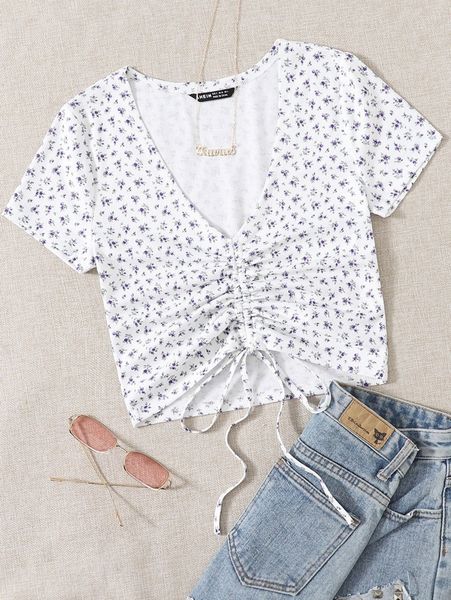 

drawstring front ditsy floral k1wr#, White