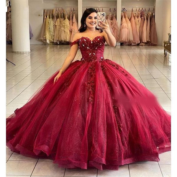 Neuankömmlinge charmante Wein Prinzessin Ballkleid Quinceanera Kleider eine Schulterkristall Süß 16 Party Vestidos 15 Robe de Soiree