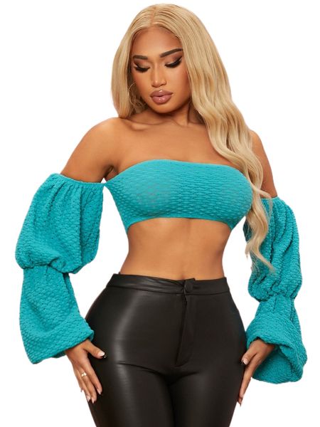 

sxy solid off shoulder bishop sleeve crop k0lv#, White