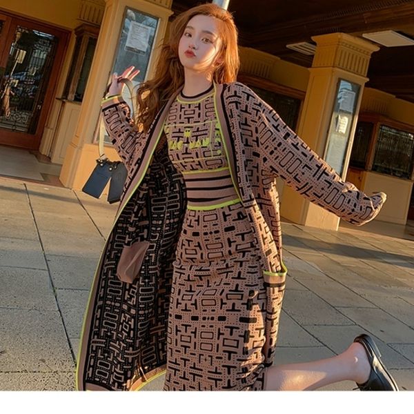 

knitted sweater slim elegant office work 3 piece set women casaco feminino female costume skirt set pull femme y200110, White