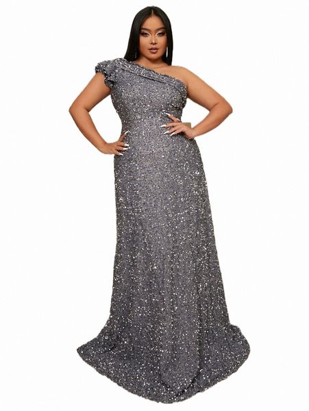 

seomiscky plus one shoulder ruffle trim sequin formal dress 59a0#, Black