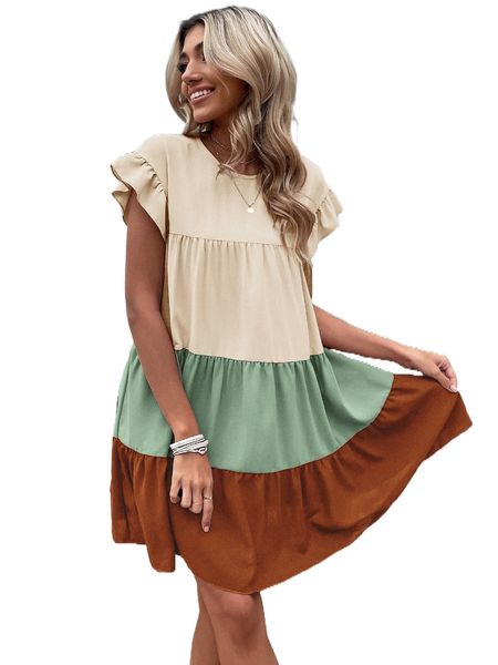 

color block flounce sleeve ruffle hem smock dress h4bl#, Black;gray