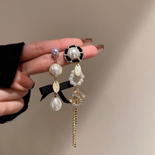 

silver stud rhinestone-encrusted pearl bow earrings digital stars heart tassel asymmetric eardrops temperament entry lux earrings, Golden