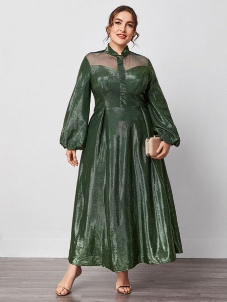 

plus mesh panel bishop sleeve dress c0jh#, Black