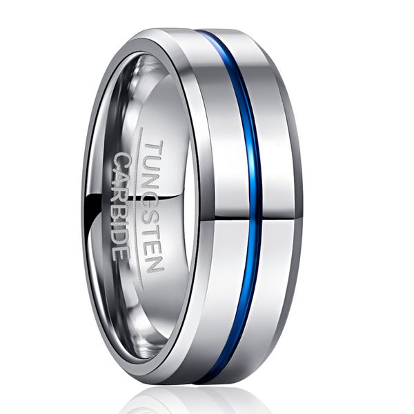 

nuncad 8mm width tungsten carbide ring 2.3mm thick steel color full polished blue groove with angled tungsten steel men's ring 220506, Slivery;golden