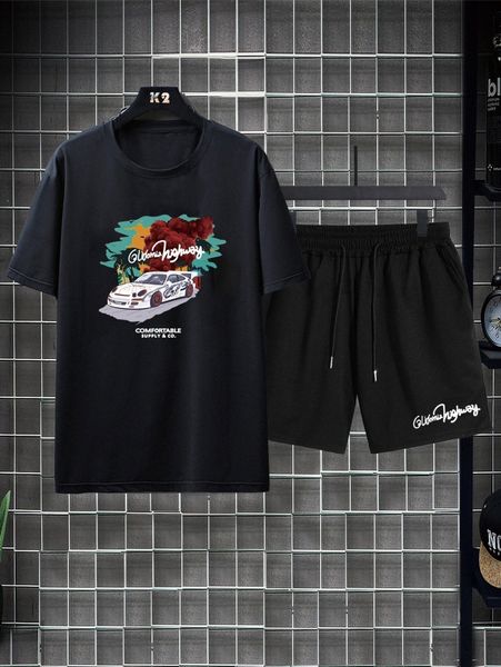 

extended sizes men car and letter graphic tee & drawstring waist shorts f73h#, Gray