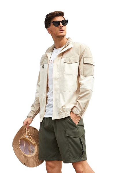 

men letter graphic two tone flap pocket sports jacket 39f2#, Gray