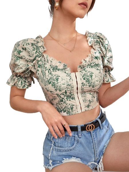

figure & plants print hook & eye blouse 01uc#, White