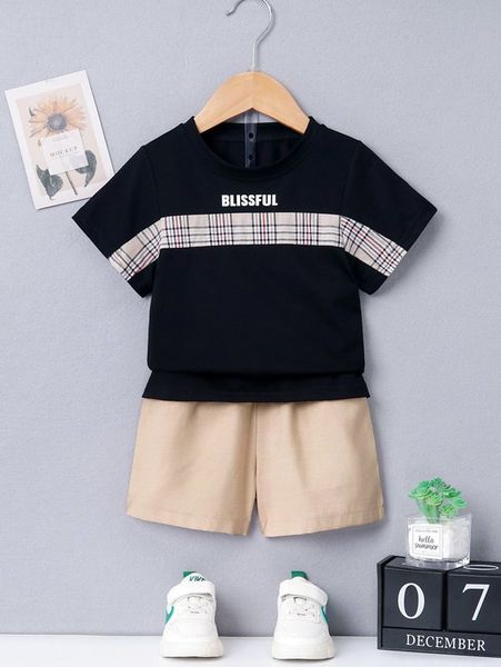 

toddler boys letter and plaid print tee & shorts she, White